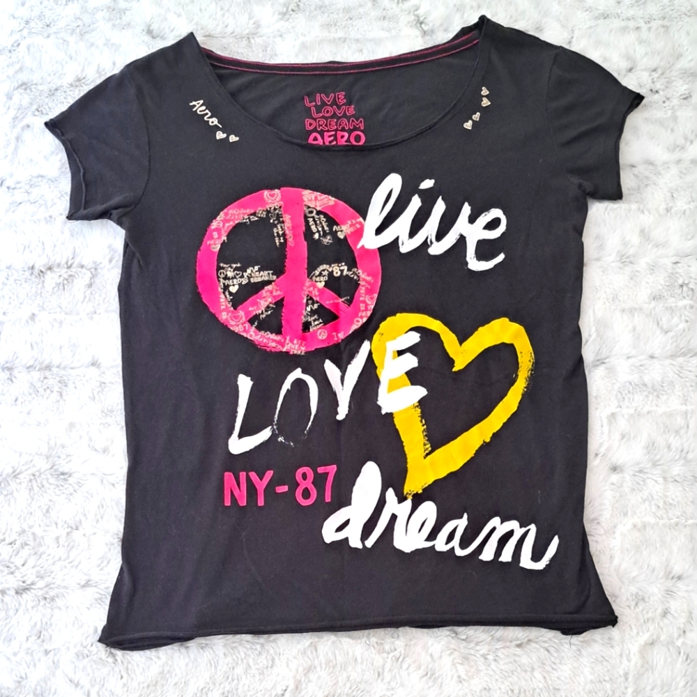 Aeropostale retro live love dream Peace Off Shoulder black top.  Size Small